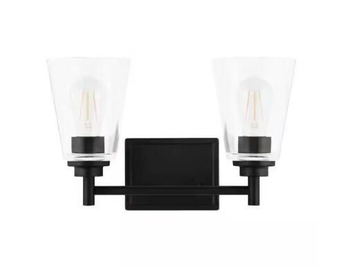 Hampton Bay Wakefield 15 in. 2-Light Matte Black Modern Vanity with Clear Glass Shades - Lot 772