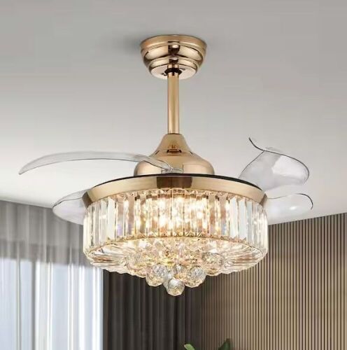 ANTOINE 36 in. Integrated LED Indoor Gold Crystal Chandelier Retractable Blades Ceiling Fan with Light and Remote - Lot 113