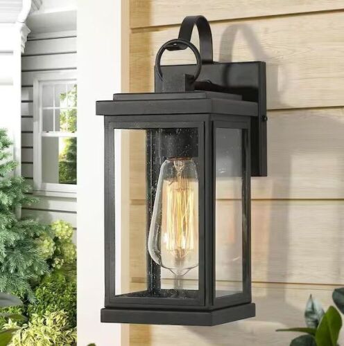 LNC Modern Matte Black 1-Light Outdoor Wall Light Sconce with Seeded Glass Shade, 2 Pack - Lot 312