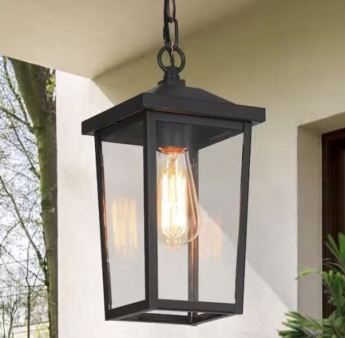 LNC Matte Black Modern 1-Light Outdoor Geometric Hanging Pendant Light with Clear Glass Shade - Lot 613