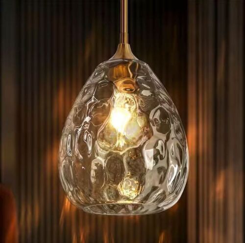 LNC Classic 1-Light Brass Pendant Light with Clear Water Wave Glass Globe - Lot 811
