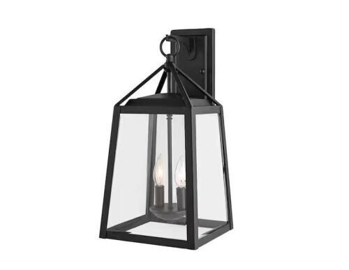 Home Decorators Collection Blakeley 19.25 in. Transitional 2-Light Black Outdoor Wall Light Fixture Sconce with Clear Beveled Glas - Lot 885