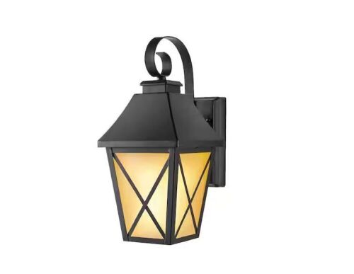 Hampton Bay 16.3 in. Midnight Black Outdoor Hardwired Integreated LED Flicker Flame Effect Color Selectable Wall Lantern Sconce - Lot 887