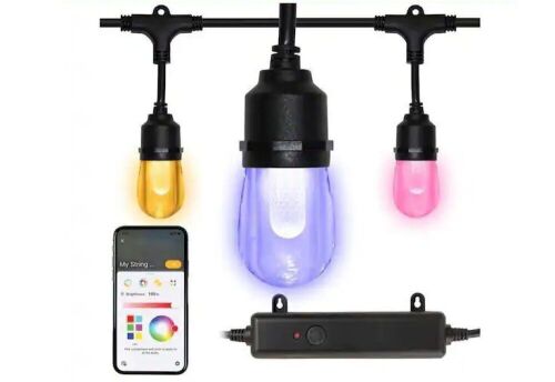 Hampton Bay 12-Light 24 ft. Outdoor Plug-in Integrated LED Black Edison Bulb RGBW Color Changing String Light  - Lot 726
