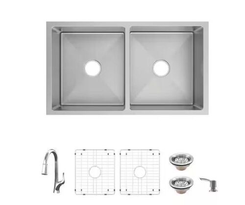 31 in. Undermount 50/50 Double Bowl 18 Gauge Stainless Steel Kitchen Sink with Pull-Down Faucet - Lot 103