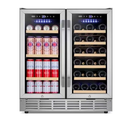 Velivi 30 in.Dual Zone 33-Wine Bottles and 80-Can Built-In and Freestanding with French Door Beverage Cooler in Stainless Steel - Lot 14