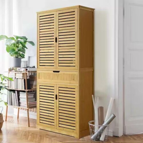 VEIKOUS Yellow Bamboo 30 in. W Kitchen Storage Pantry Cabinet Closet with Doors and Removable Shelves - Lot 74