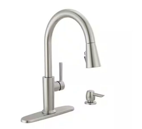 Delta Emery Single-Handle Pull-Down Sprayer Kitchen Faucet with ShieldSpray and Soap Dispenser in SpotShield Stainless Steel - Lot 477