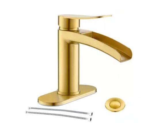 Phiestina Single Handle Waterfall Faucet for Bathroom Sink in Brushed Gold Finish - Lot 273