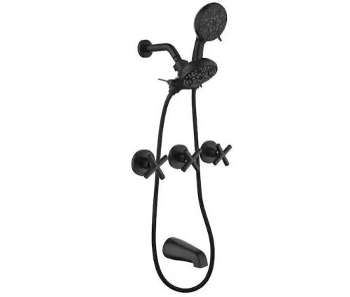 Triple Handle 7-Spray Tub and Shower Faucet 1.8 GPM Wall Mount Dual Head Shower Kit Trim in Matte Black Valve Included - Lot 516