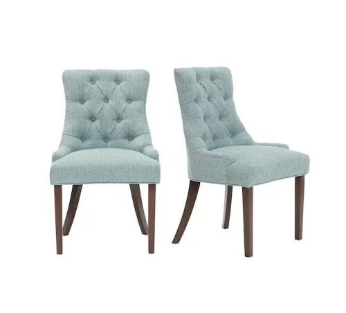 StyleWell Bakerford Aloe Blue Upholstered Dining Chair with Tufted Back, Set of 4 - 1 Chair Has Small Stain & Short Leg  - Lot 76