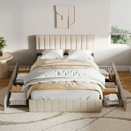 Full Upholstered Bed Frame with 4 Storage Drawers  - Lot 52