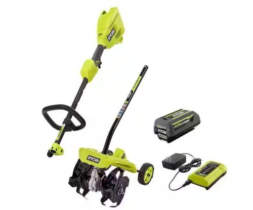 RYOBI 40V Expand-It Cordless Battery Attachment Capable Powerhead Kit & Tiller with 4.0 Ah Battery and Charger - Lot 40
