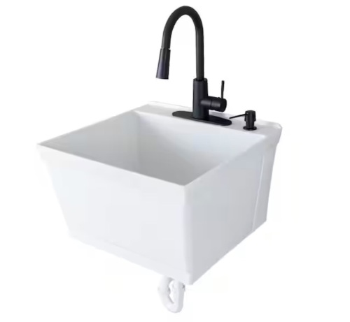 23.5 in. x 22.88 in. White Thermoplastic Wall Mounted Utility Sink with Matte Black Finish Pull-down Sprayer Faucet - Lot 80