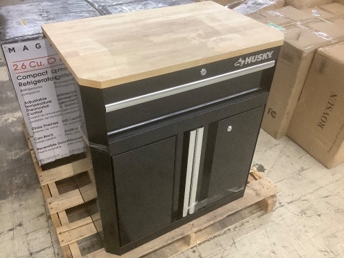 Husky 24-Gauge Steel 1-Drawer 2-Door Garage Base Cabinet, 28 in. W x 32.8 in. H x 18.3 in. D - Unlocked but Missing Keys, Minor Top Damage - Lot 35
