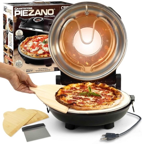 PIEZANO Crispy Crust Pizza Oven by Granitestone – Electric Pizza Oven Indoor Portable, 12 Inch Indoor Pizza Oven Countertop, Pizza Maker Heats up to 800˚F for Stone Baked Pizza at Home As Seen on TV - Lot 4722