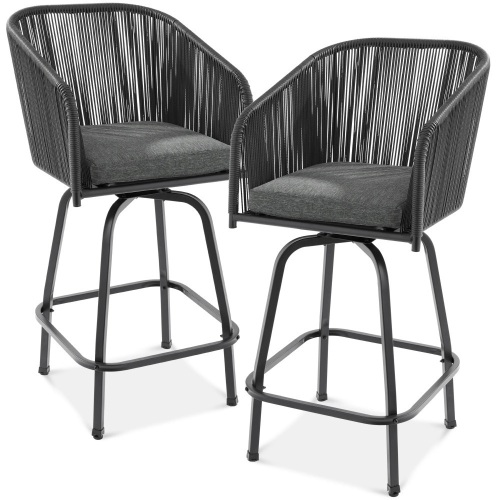 Best Choice Products Set of 2 Woven Wicker Swivel Barstools, Patio Bar Height Chairs w/ 360 Rotation - Black/Gray - Lot 4795