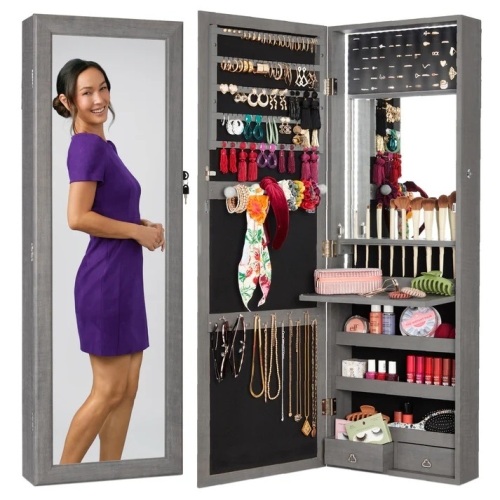 Door/Wall Mount Mirror Jewelry Cabinet Armoire w/ Inside Mirror, LED Lights - Lot 5266