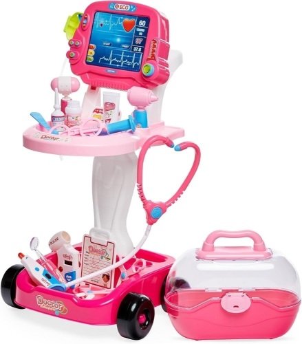 Play Doctor Kit for Kids, Pretend Medical Station Set for Boys & Girls with Carrying Case, 17 Accessories Mobile Cart, LED EKG, Thermometer, Stethoscope, Pulse Machine - Lot 5470