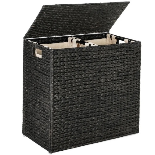 Large Water Hyacinth Double Laundry Hamper Basket w/ 2 Liner Bags - Lot 5522