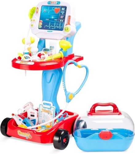 Play Doctor Kit for Kids, Pretend Medical Station Set for Boys & Girls with Carrying Case, 17 Accessories Mobile Cart, LED EKG, Thermometer, Stethoscope, Pulse Machine - Lot 5557