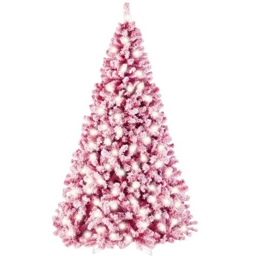 Prelit Pink Christmas Tree, Snow Flocked Full Holiday Decor w/ Metal Base - Lot 5563