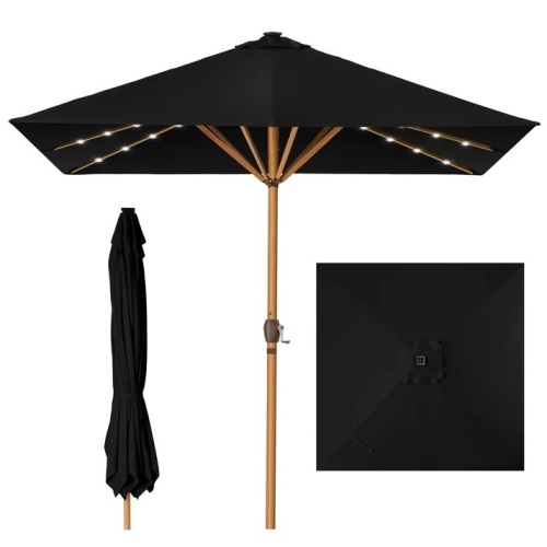 Square Solar LED Lighted Patio Umbrella w/ Faux Wood Texture - 9ft - Lot 5570