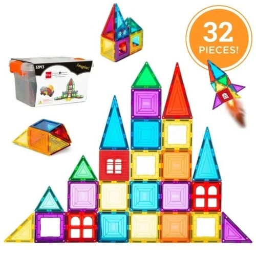 32-Piece Kids Magnetic Tiles Set, Educational Building STEM Toy w/ Case - Lot 5593