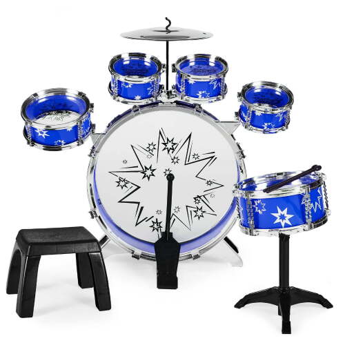 11-Piece Kids Starter Drum Set w/ Bass Drum, Tom Drums, Snare, Cymbal, Stool, Drumsticks - Blue - Lot 5316