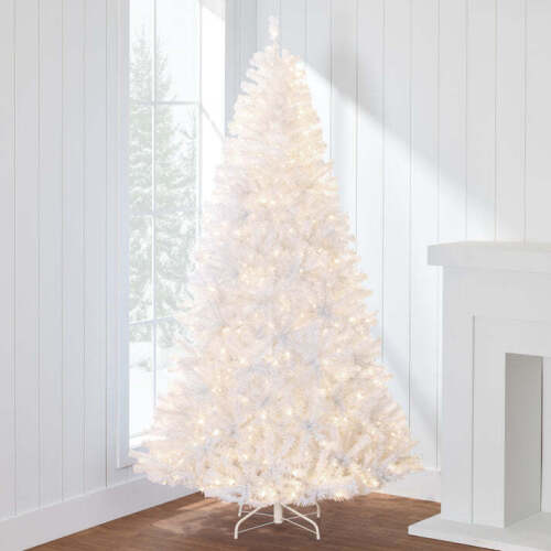 Pre-Lit Hinged Artificial White Pine Christmas Tree w/ Lights, Metal Stand - Lot 5320