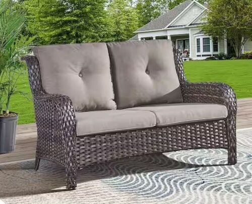 Gymojoy Carolina Brown Wicker Outdoor Loveseat with CushionGuard Gray Cushions - Lot 49