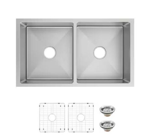 Glacier Bay Tight Radius 36 in. Undermount 50/50 Double Bowl 18 Gauge Stainless Steel Kitchen Sink with Accessories - Lot 108