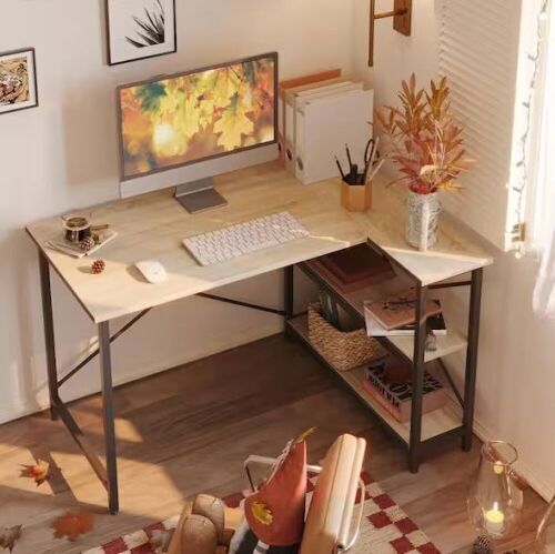 Bestier 47 Inch Small L-Shaped Computer Desk with Storage Shelves Natural Oak - Lot 153