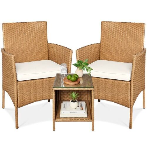 3-Piece Outdoor Patio Wicker Bistro Set w/ Side Storage Table - Lot 167