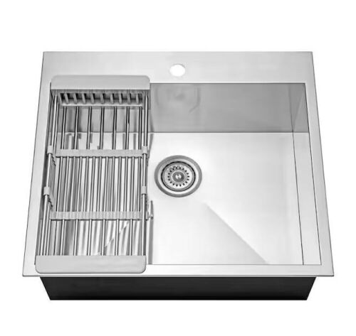 AKDY Handmade Drop-in Stainless Steel 25 in. x 22 in. Single Bowl Kitchen Sink with Drying Rack - Lot 172