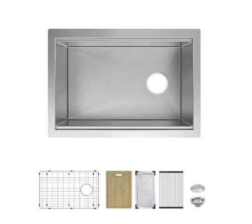 Glacier Bay Professional Zero Radius 27 in Undermount Single Bowl 16 Gauge Stainless Steel Workstation Kitchen Sink with Accessories - Lot 176