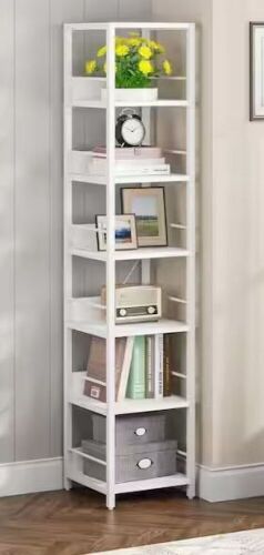 TRIBESIGNS Frailey 75 in. White 6-Shelf Tall Narrow Bookcase with Metal Frame  - Lot 182
