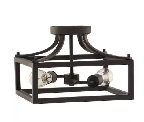 Hampton Bay Boswell Quarter 12-1/2 in. 2-Light Distressed Black Farmhouse Open Cage Semi-Flush Mount Ceiling Light - Lot 395