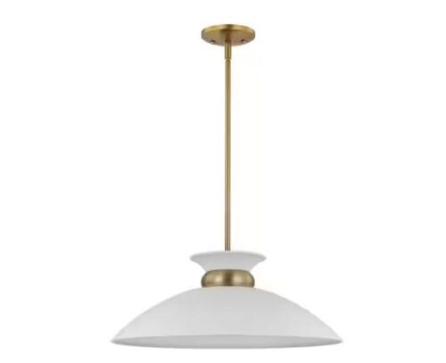 SATCO Perkins 100-Watt 1-Light Matte White/Burnished Brass Shaded Pendant Light with Metal Shade - Lot 477