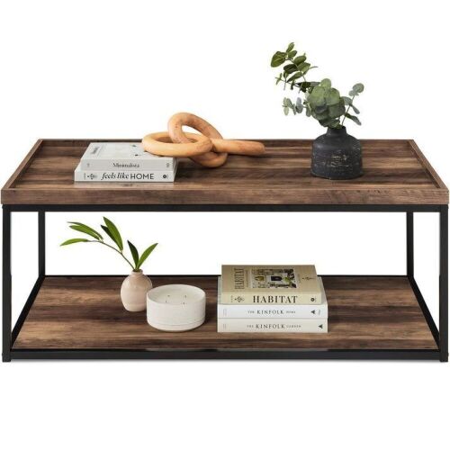 2-Tier Rectangular Tray Top Coffee Table w/ Metal Frame, Shelf - 44in - Lot 552