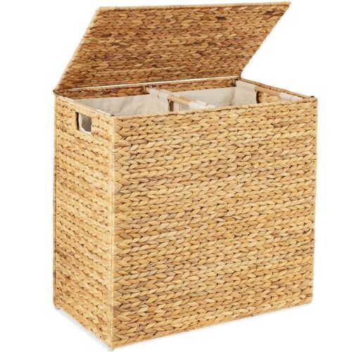 Large Water Hyacinth Double Laundry Hamper Basket w/ 2 Liner Bags - Lot 591