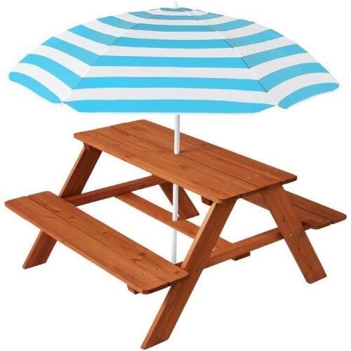Kids Wooden Outdoor Picnic Table w/ Adjustable Umbrella, Built-In Seats - Lot 598