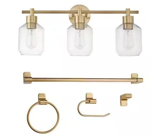 Globe Electric Cannes 24.5 in. 3-Light Brass Vanity Light with Clear Glass Shades and Bath Set  - Lot 675