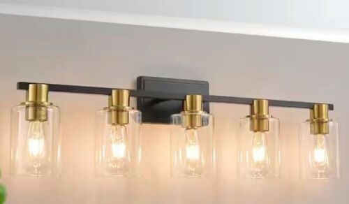 Deyidn 35 in. 5-Light Black and Gold Modern Industrial Indoor Vanity Light with Clear Glass Shades - Lot 689