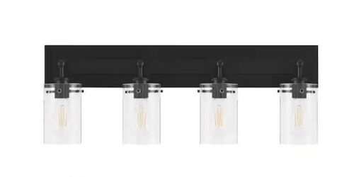 Hampton Bay Regan 29.25 in. 4-Light Matte Black Bathroom Vanity Light with Clear Glass Shades - Lot 690