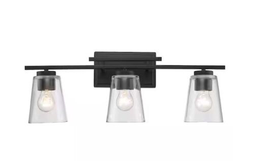 Bel Air Lighting Iris 24.25 in. 3-Light Black Bathroom Vanity Light Fixture with Clear Glass Shades - Lot 693