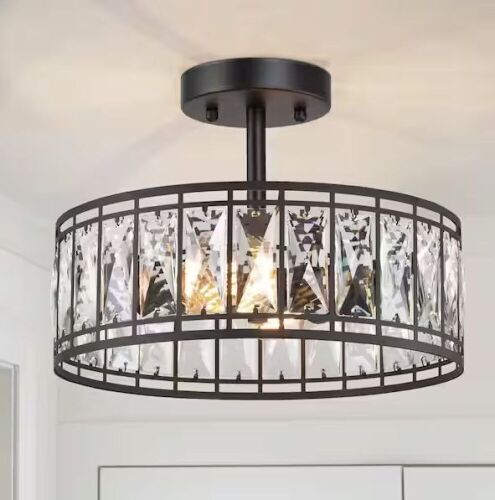 LNC 12.5 in. 2-Light Industrial Modern Black Drum Semi Flush Mount Light with Crystal Glass Shade - Lot 694