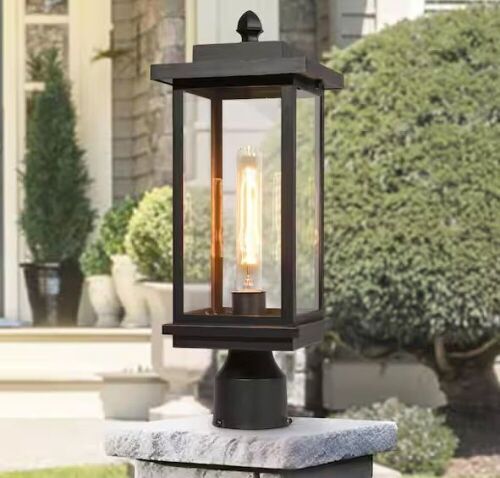 LNC Modern 1-Light Matte Black Hardwired Outdoor Weather Resistant Post Light with Clear Glass Shade - Lot 698