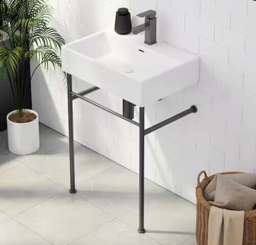Eridanus Turner 24 in. Vitreous China White Console Sink Basin and Matte Black Stainless Steel Legs Combo with Overflow - Lot 758