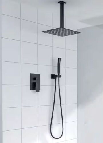 Magic Home 1-Spray Pattern with 1.8 GPM 10 in. Ceiling Mounted Dual Shower Head Rough-in Valve in Matte Black - Lot 761